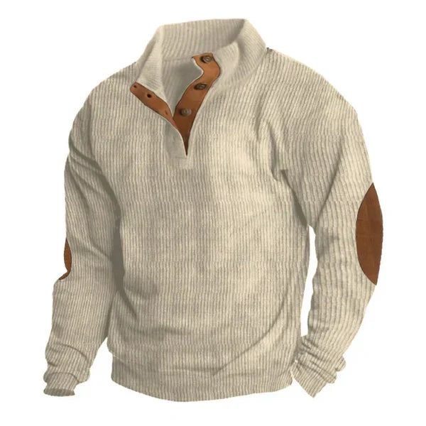 Men's Ribbed Stand Collar Sweatshirt with Contrast Patches