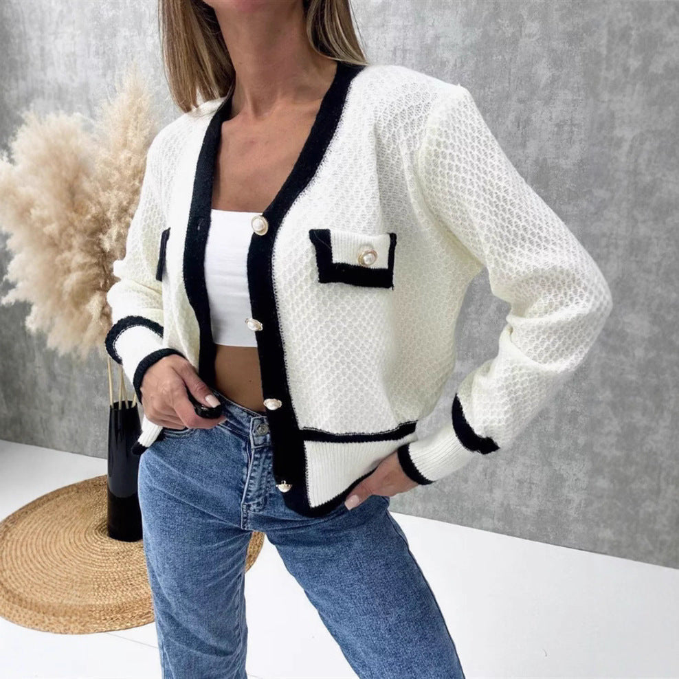Women's Elegant V Neck Knitted Cardigan with Pearl Effect Buttons – Contrast Trim Long Sleeve Cardigan for Smart Casual and Office Wear
