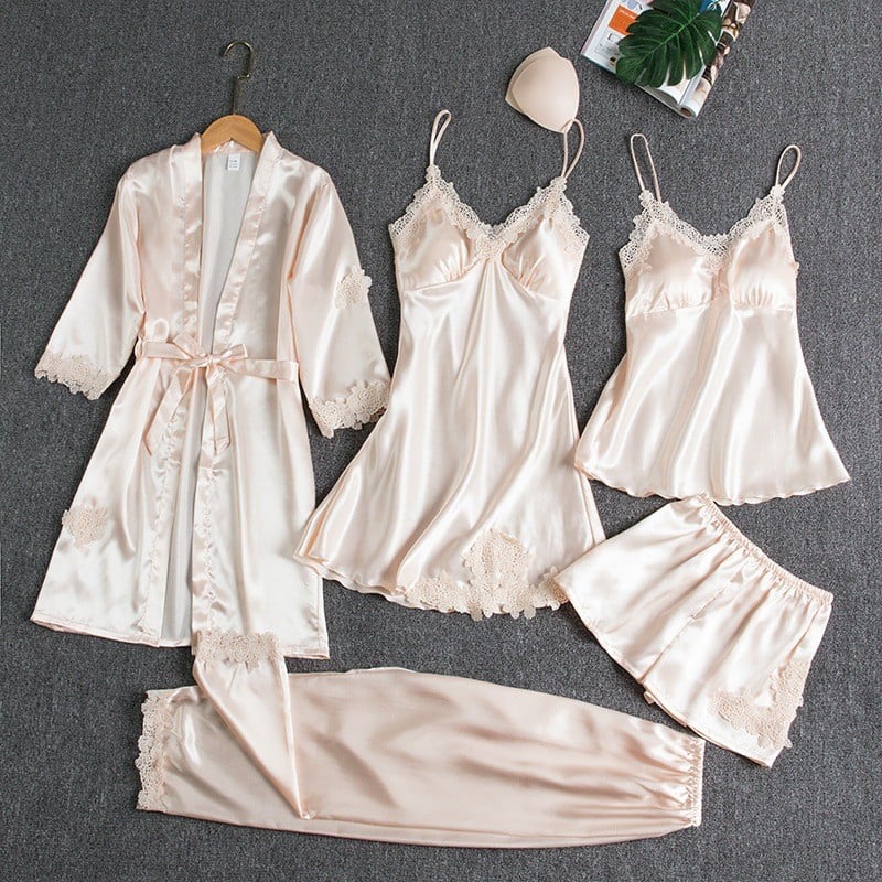 Women's Satin Lace Nightwear Set 5-Piece for Sleepwear