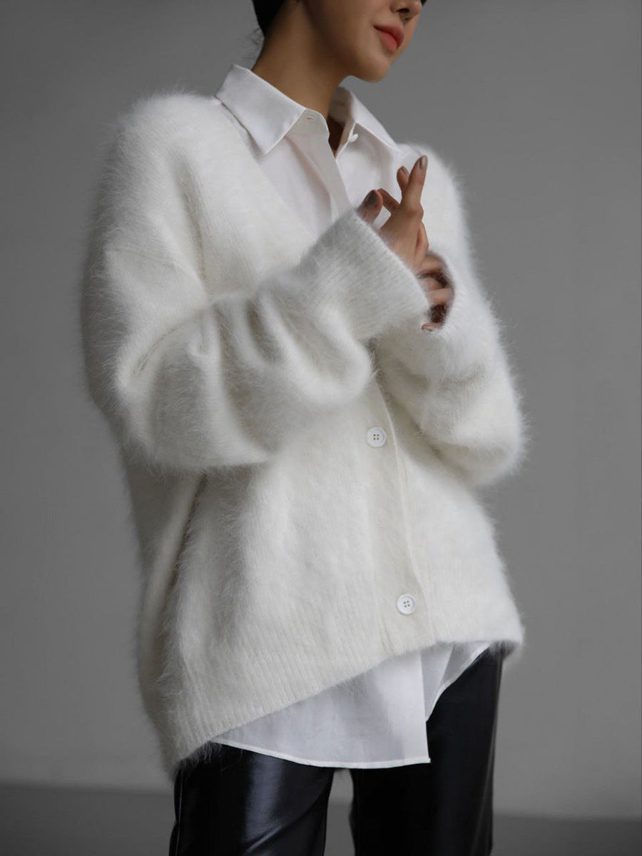 Women's Fluffy Wool Cashmere Blend Cardigan with Buttons – Soft V-Neck Knit for Autumn and Winter