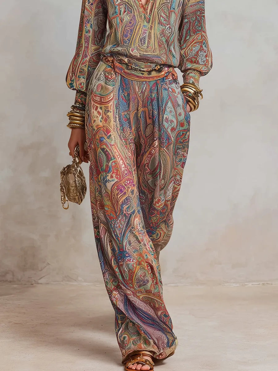 Exquisite paisley print wide leg pantsuit