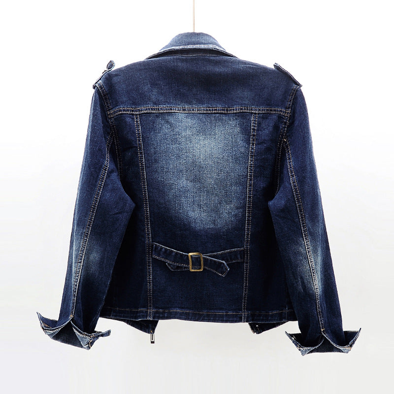 Women’s Fitted Denim Biker Jacket with Asymmetric Zip and Notched Lapels – Cropped Stretch Outerwear for Spring and Autumn Casual Styling