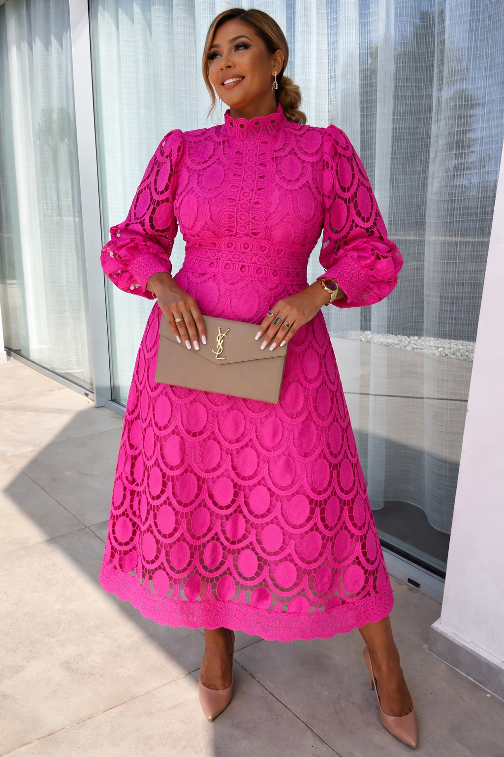Women’s High Neck Lace Midi Dress with Long Sleeves