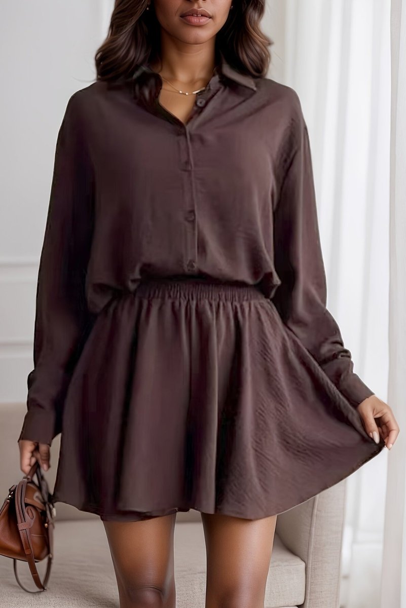 Women's Elegant Long Sleeve Blouse and Flared Mini Skirt Set – Relaxed Button Front Shirt with Elasticated Waist Skirt for Smart Casual Wear