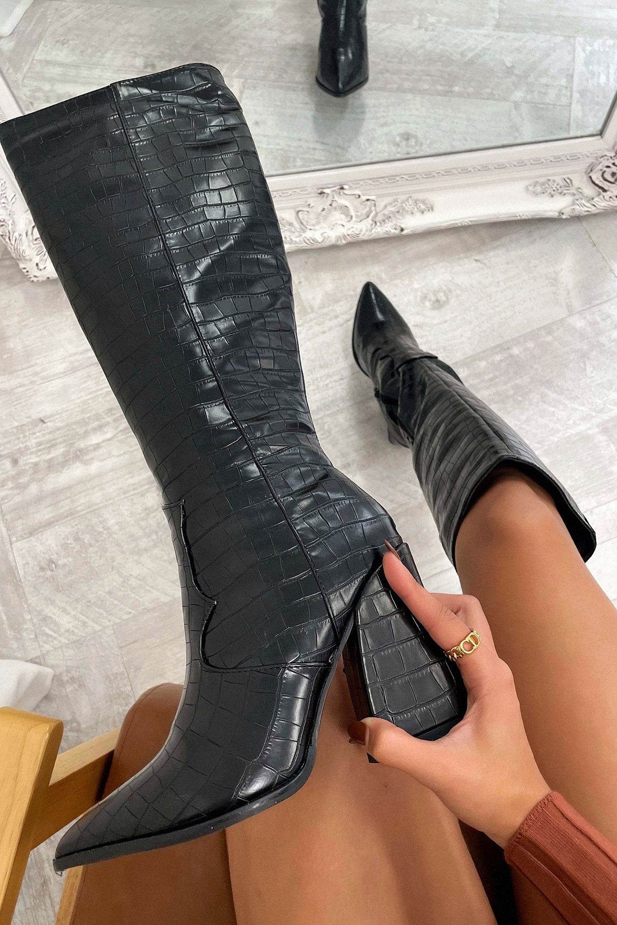 Aisling | Croc Pattern Knee-High Boots