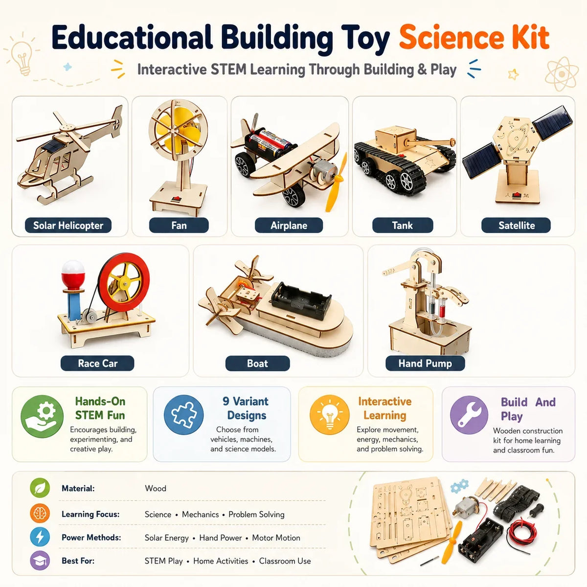 Educational Building Kit | Wooden STEM | Solar & Hand-Crank