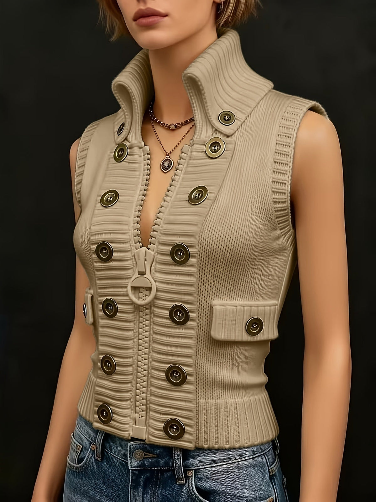 Tessa | High Collar Zip Up Tailored Vest