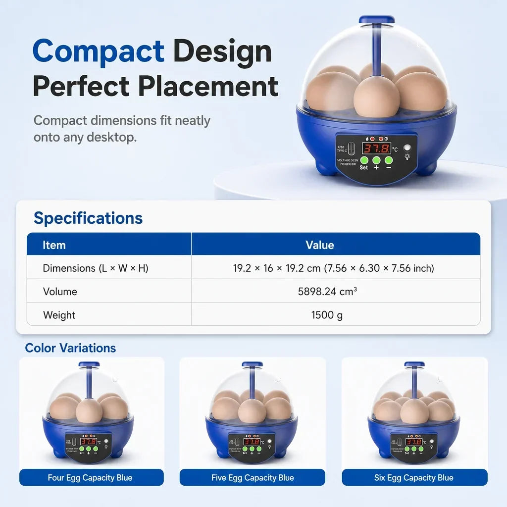 Egg Incubator | USB-Powered Automatic Temperature Control & Even Air Circulation | 4–6 Egg Capacity