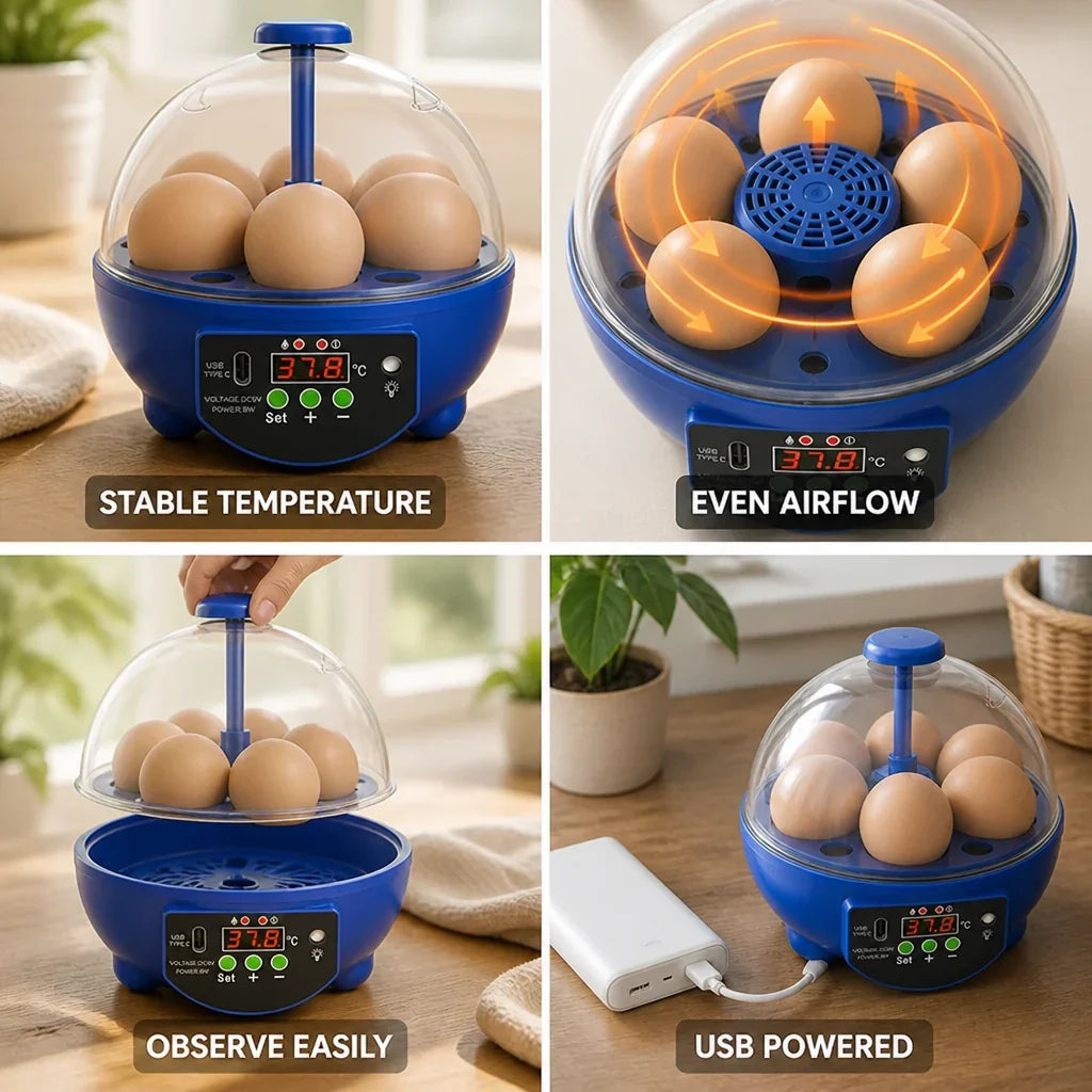 Egg Incubator | USB-Powered Automatic Temperature Control & Even Air Circulation | 4–6 Egg Capacity