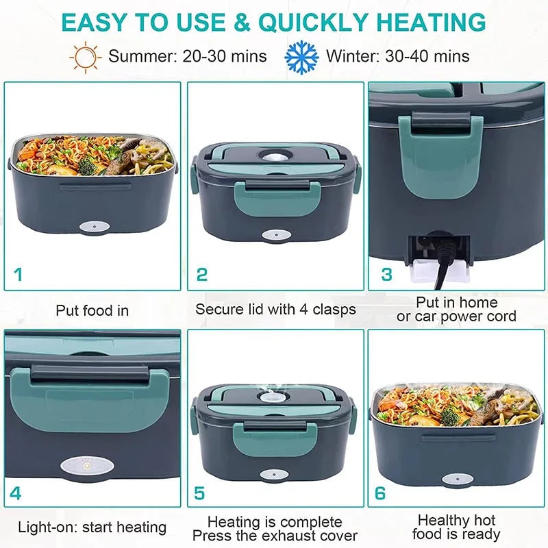 Electric Heated Insulated Lunch Box Warmer with Stainless Steel Tray and Portable Carrying Handle