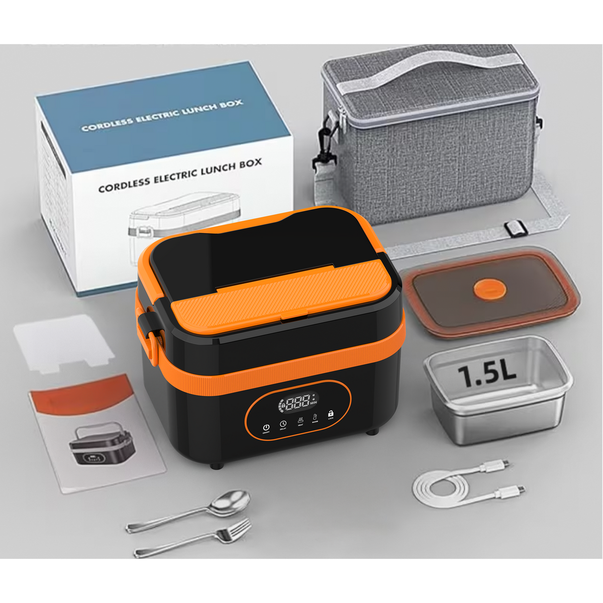 Electric Heated Lunch Box with Stainless Steel Tray LED Display and Carrying Handle for Work Travel