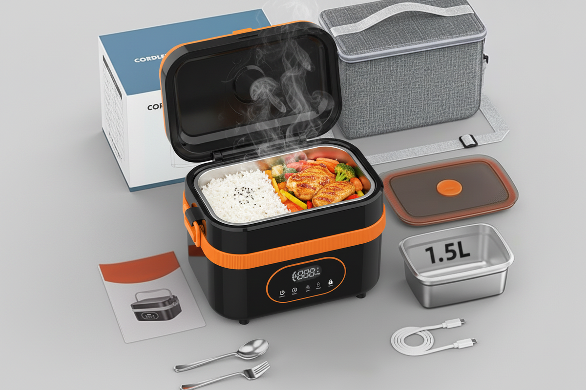 Electric Heated Lunch Box with Stainless Steel Tray LED Display and Carrying Handle for Work Travel