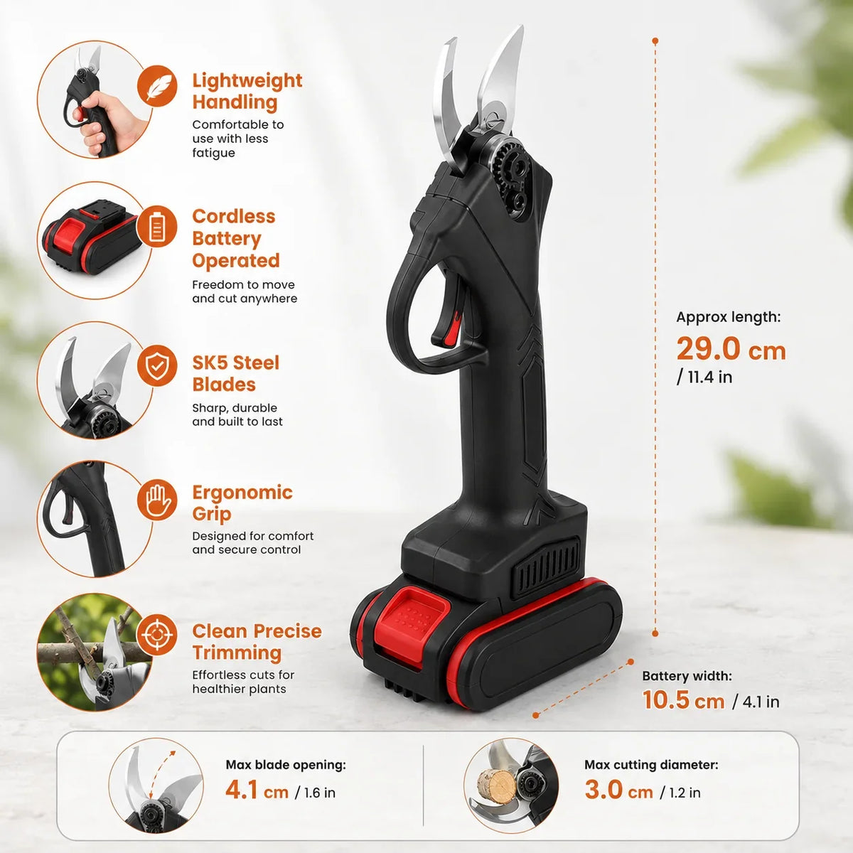 Electric Pruning Shears | Lightweight Cordless Self-Sharpening SK5 Blade