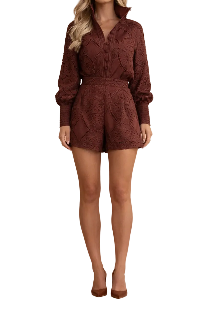 Women’s Embroidered Lace Long Sleeve Shirt and High-Waisted Shorts Two-Piece Set – Elegant Lightweight Summer Outfit for Holidays and Casual Occasions