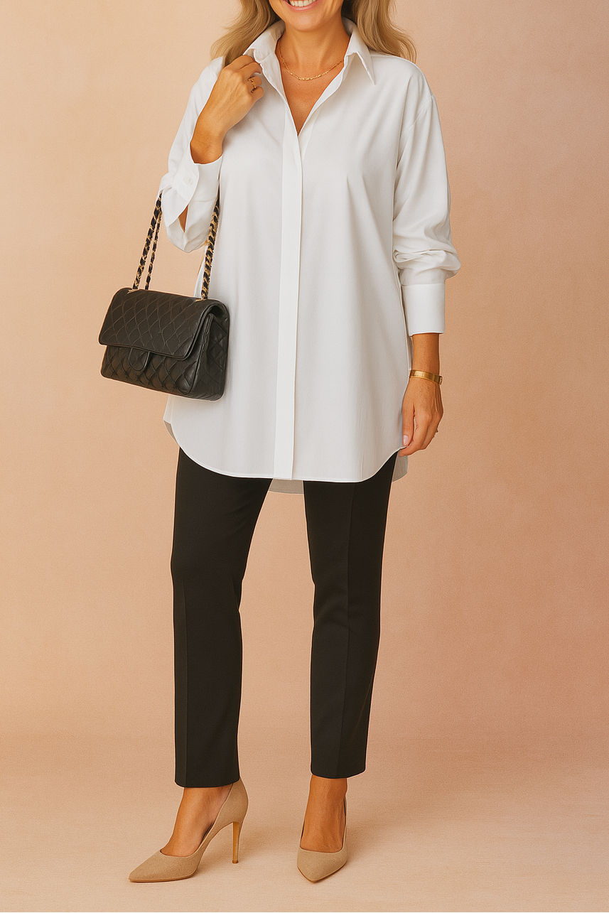 Women's Oversized Longline Shirt – Relaxed Button-Up Tunic with Classic Collar for Office and Smart Casual Wear