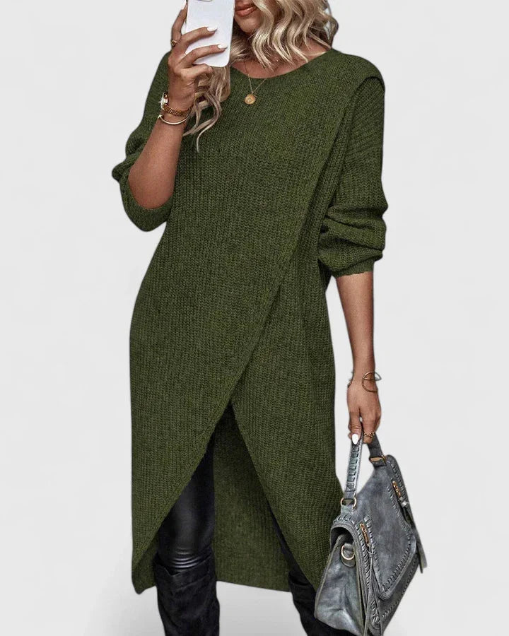 Women's ribbed wrap v-neck midi dress with asymmetric front