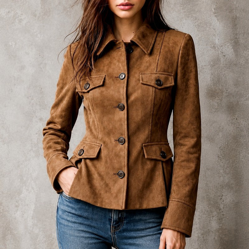Elke - Women's Faux Suede Tailored Button Jacket