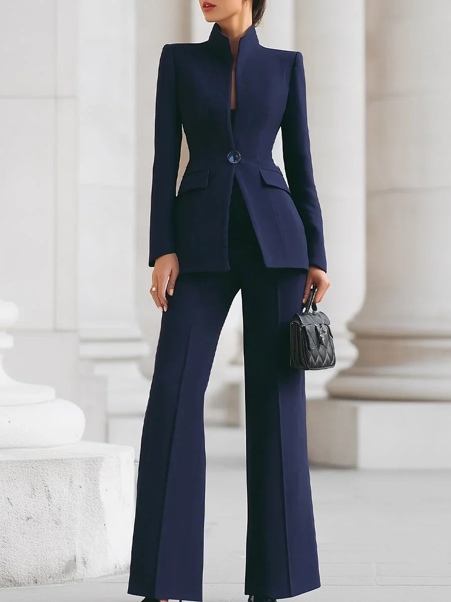 Women's button-front stand collar two piece set with wide-leg pants