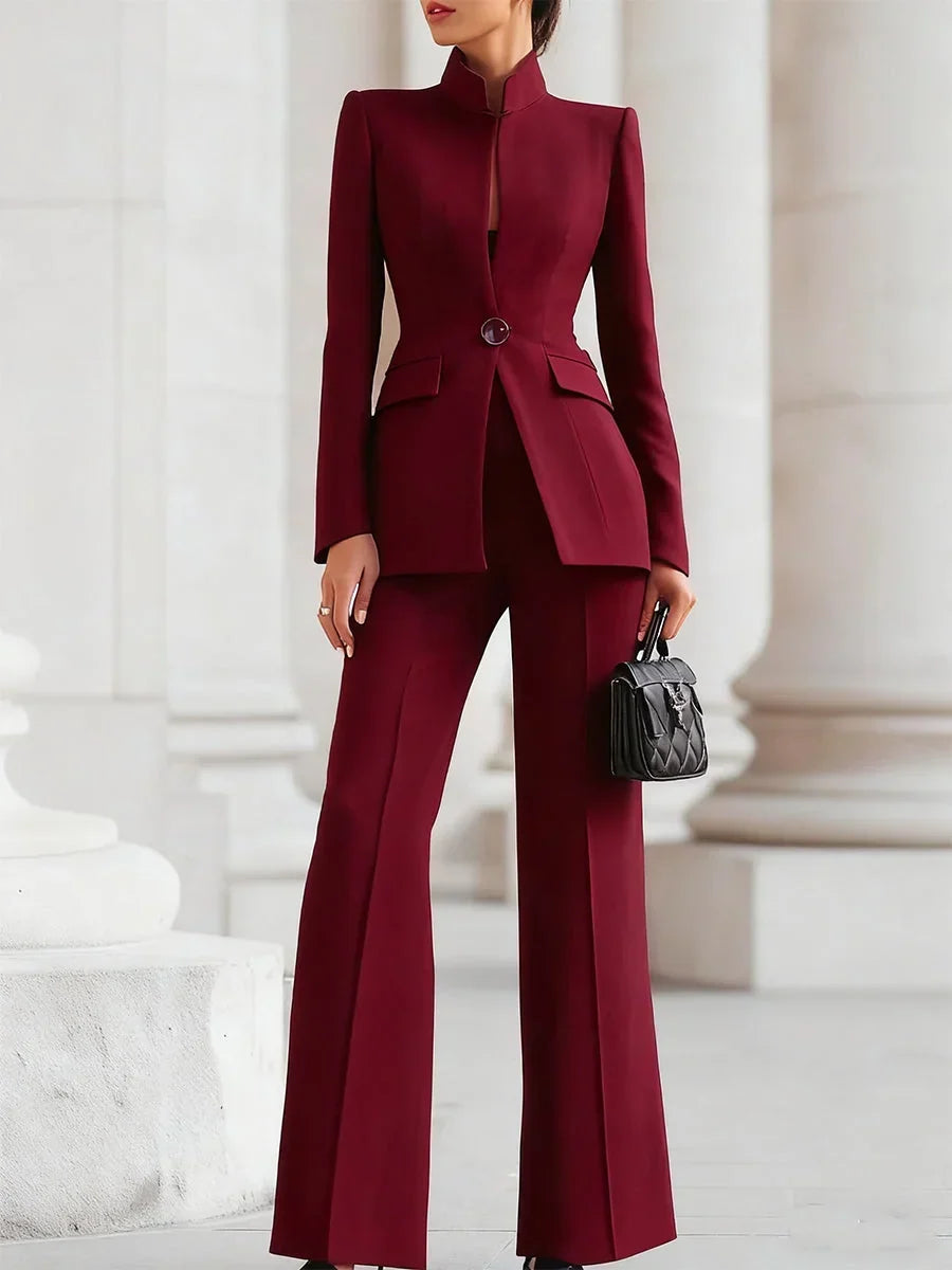Women's button-front stand collar two piece set with wide-leg pants