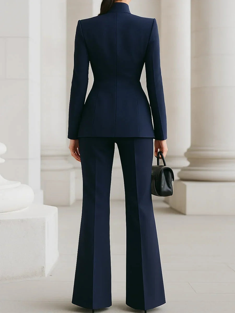 Women's button-front stand collar two piece set with wide-leg pants