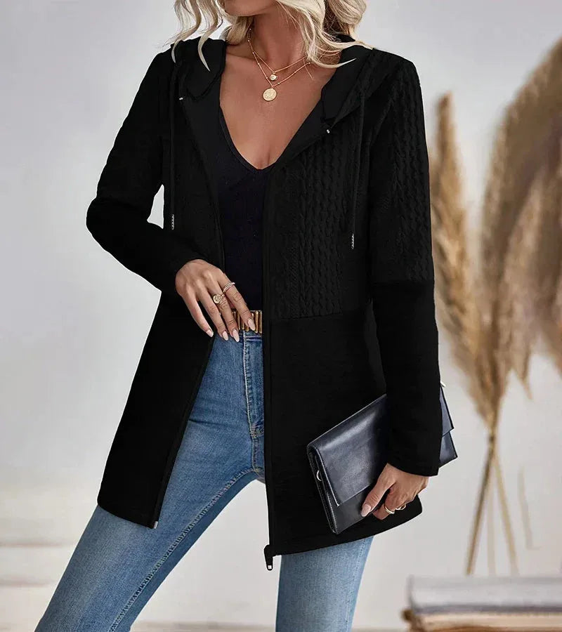 Women's knit zip-up hooded cardigan with cable upper