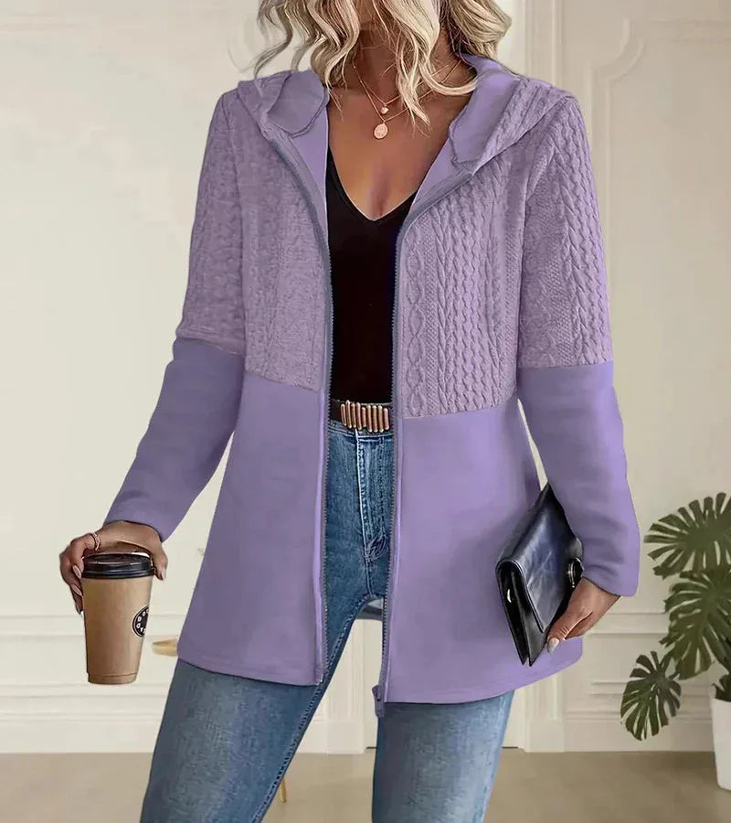 Women's knit zip-up hooded cardigan with cable upper