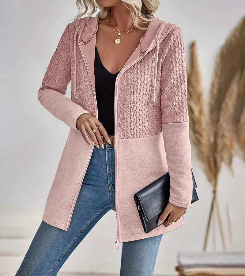 Women's knit zip-up hooded cardigan with cable upper