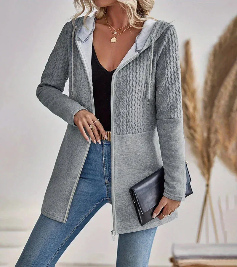 Women's knit zip-up hooded cardigan with cable upper