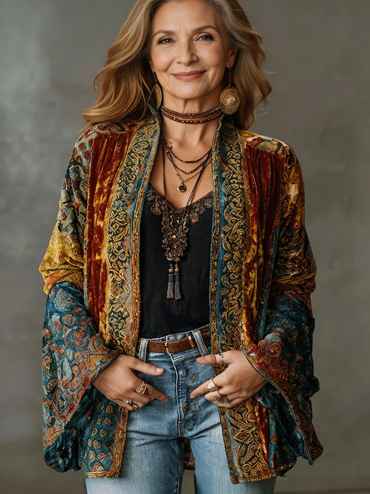 Women's velvet open-front shawl collar kimono with ornate pattern