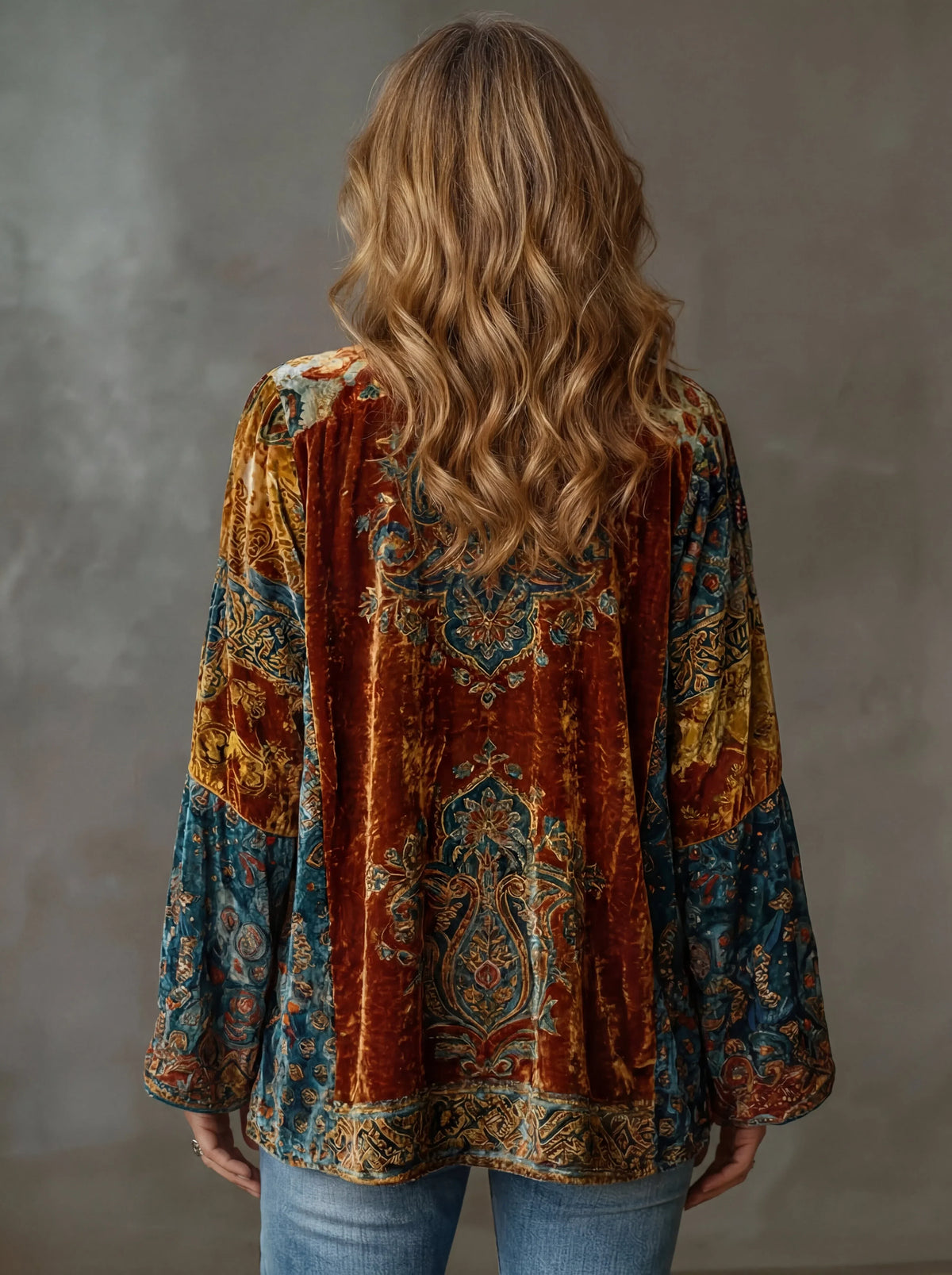 Women's velvet open-front shawl collar kimono with ornate pattern