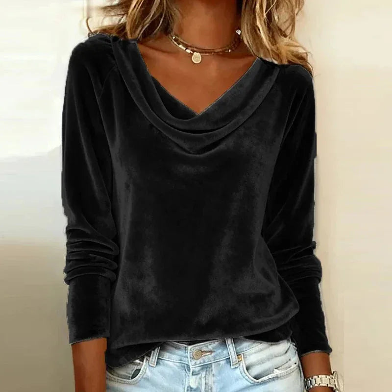 Women's velvet v-neck top with draped cowl