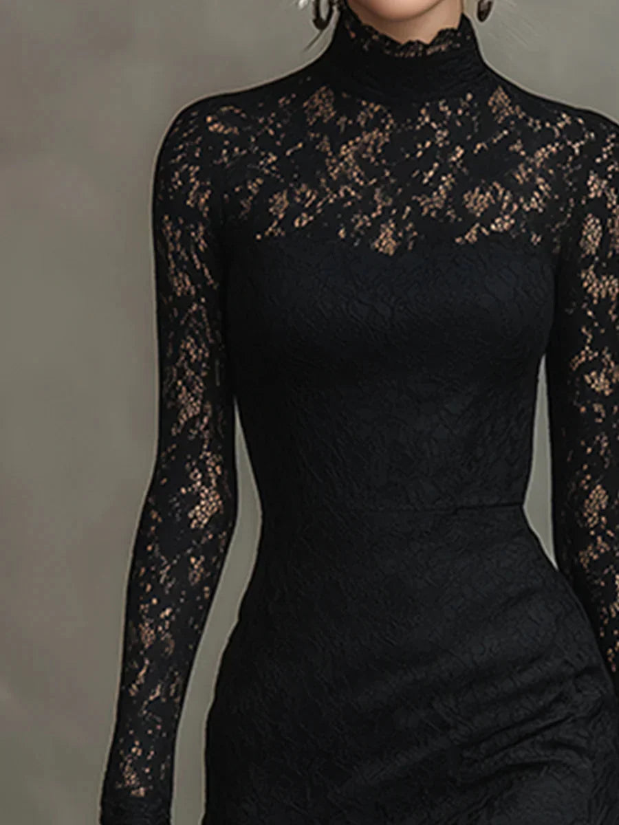 Elma - Women's Long-Sleeve Lace Fishtail Midi Dress