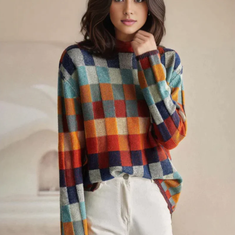 Uma Checkerboard Stand Collar Sweater