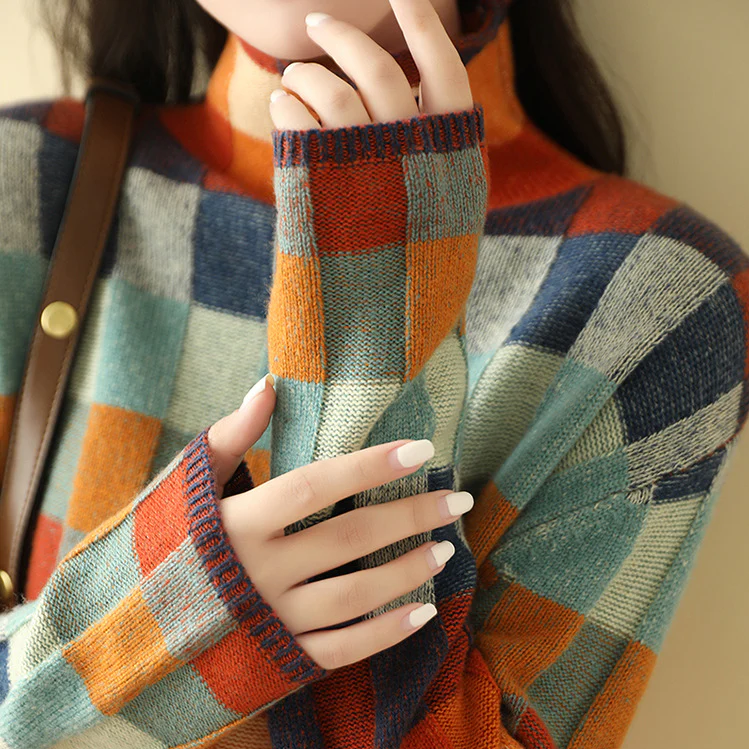 Uma Checkerboard Stand Collar Sweater