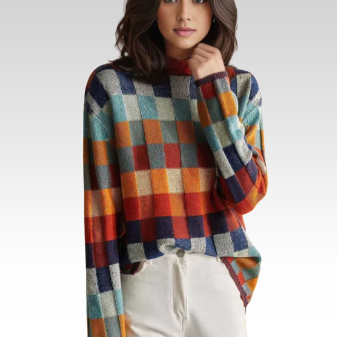 Uma Checkerboard Stand Collar Sweater