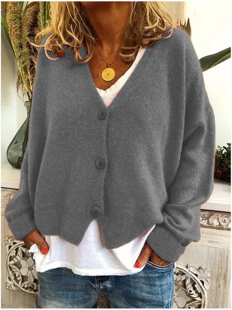 Zinnia-Pearl Big Button V-Neck Cardigan