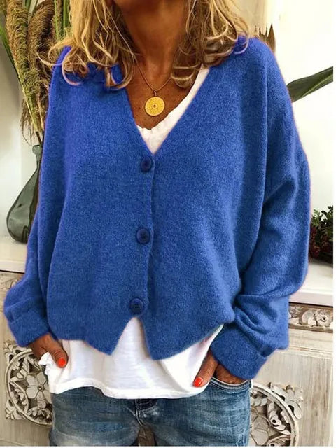 Zinnia-Pearl Big Button V-Neck Cardigan