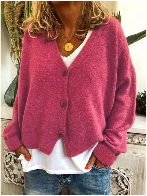 Zinnia-Pearl Big Button V-Neck Cardigan