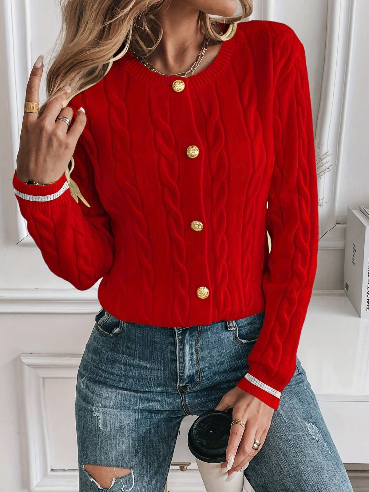 Greta Gold Button Cable Cardigan