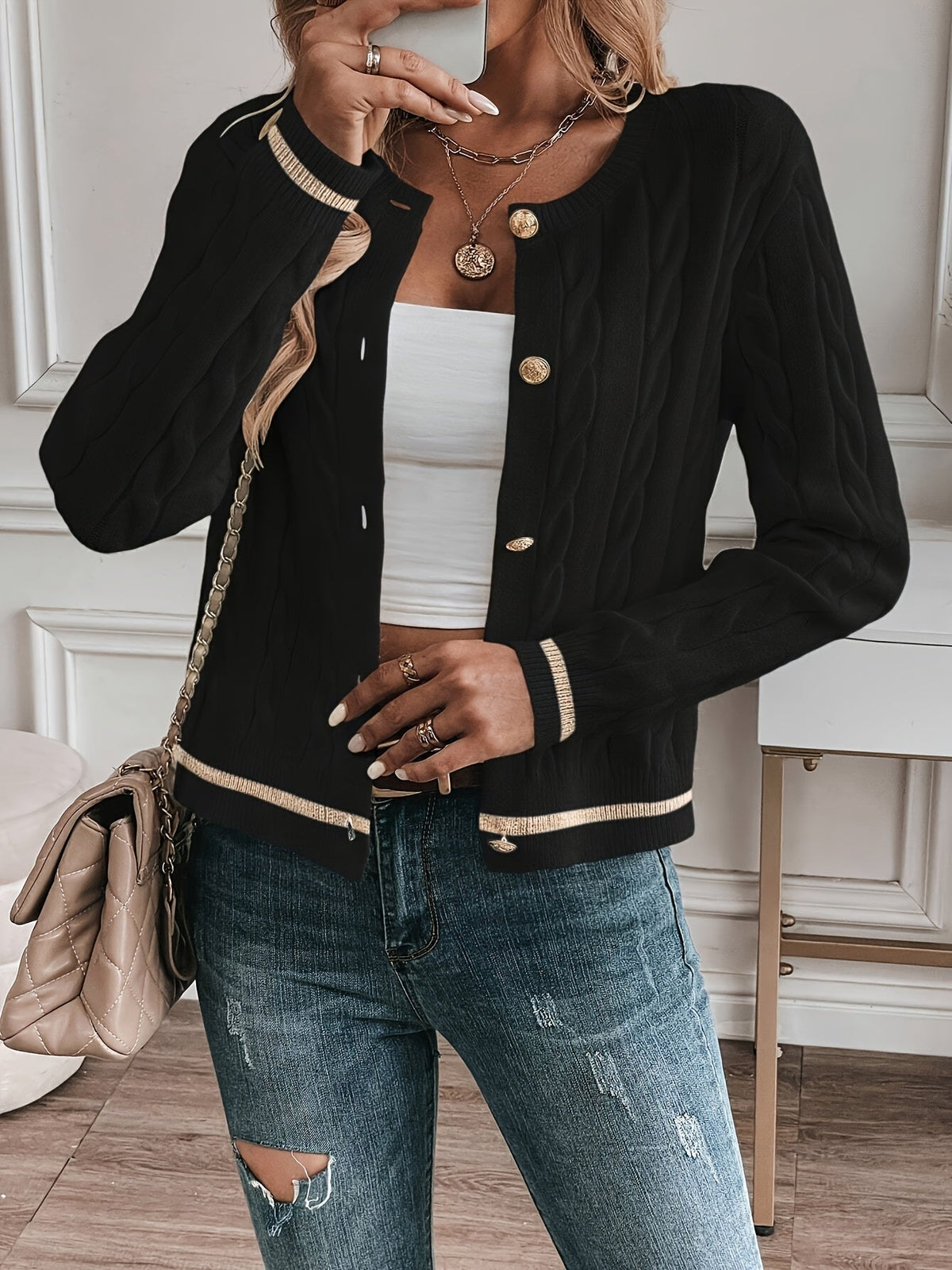 Greta Gold Button Cable Cardigan