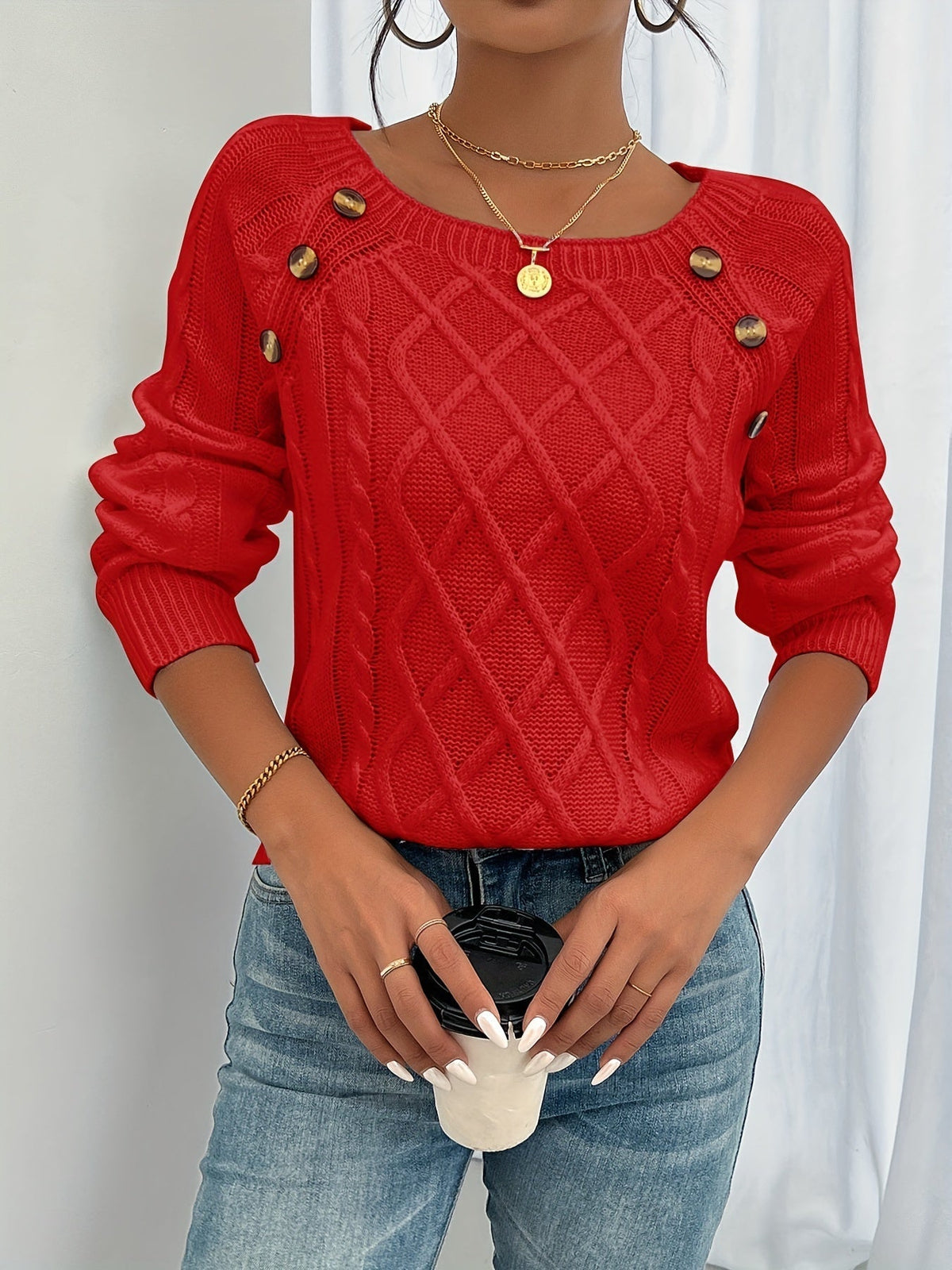 Maren Shoulder Button Cable Sweater