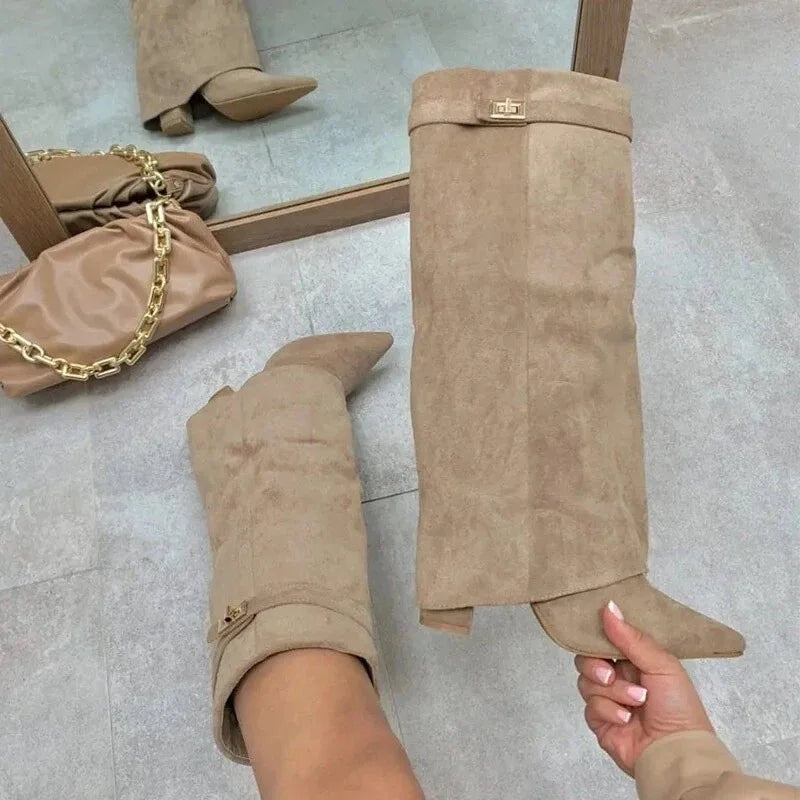 Natalia | Women's Suede Tall Boots Knee High Buckle