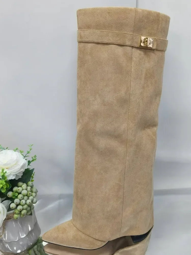 Natalia | Women's Suede Tall Boots Knee High Buckle