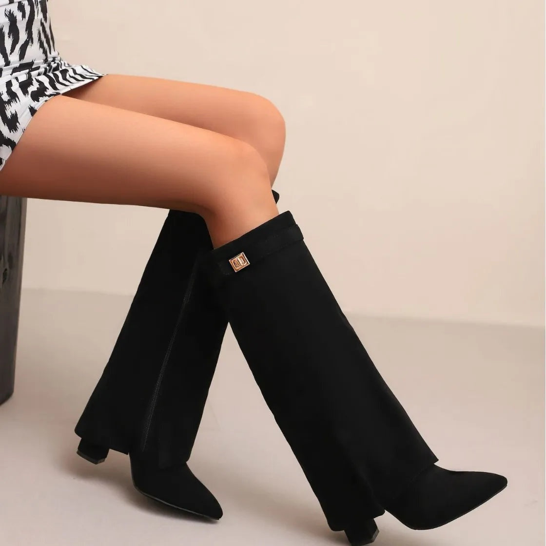 Natalia | Women's Suede Tall Boots Knee High Buckle