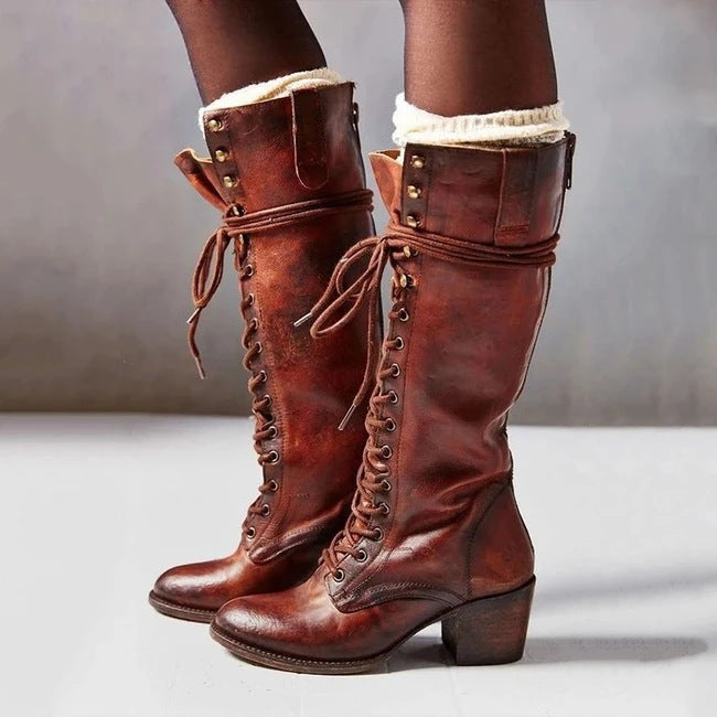 Diana | Women's Leather Lace Up Boots Tall Knee High Heeled