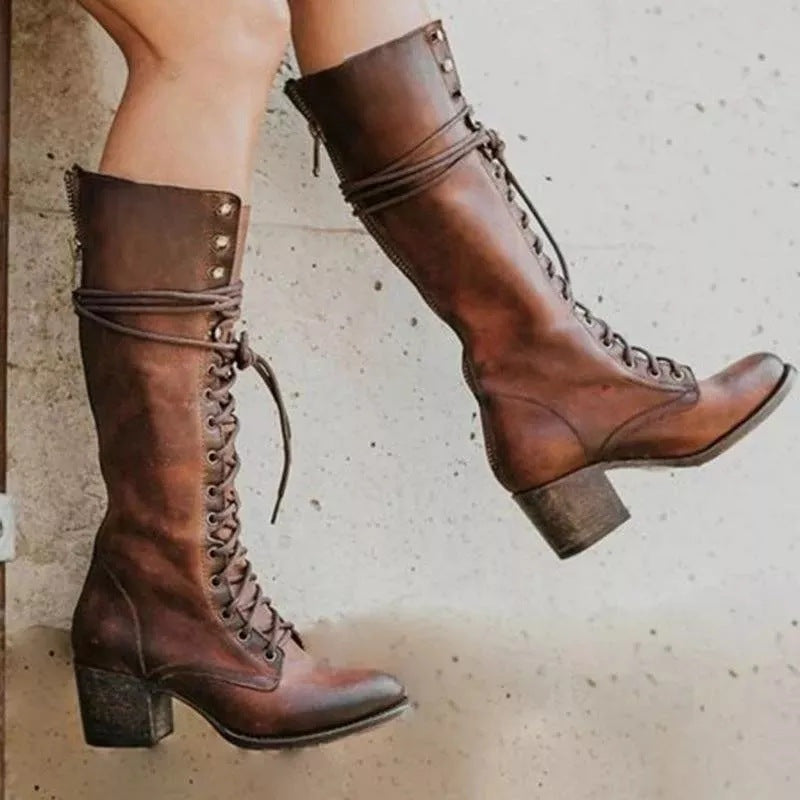 Diana | Women's Leather Lace Up Boots Tall Knee High Heeled