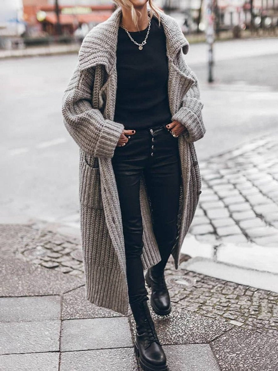 Aurora | Women's Long Oversized Sweater Coat Lapel Collar Pockets