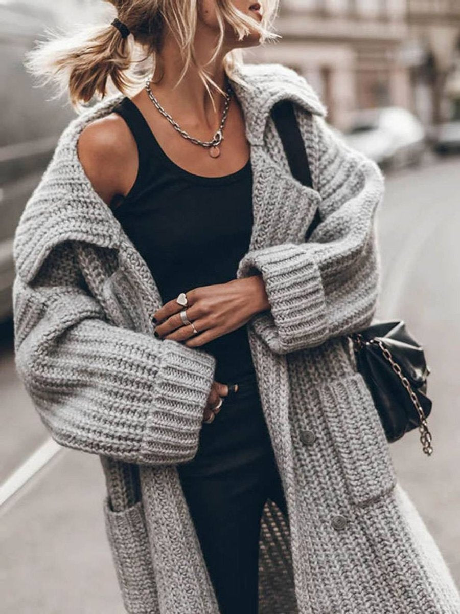 Aurora | Women's Long Oversized Sweater Coat Lapel Collar Pockets