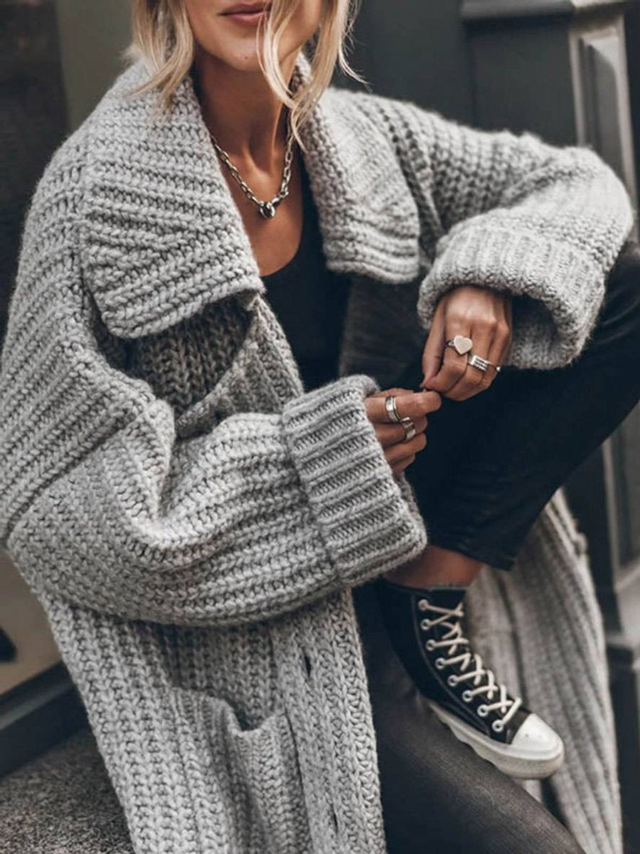 Aurora | Women's Long Oversized Sweater Coat Lapel Collar Pockets