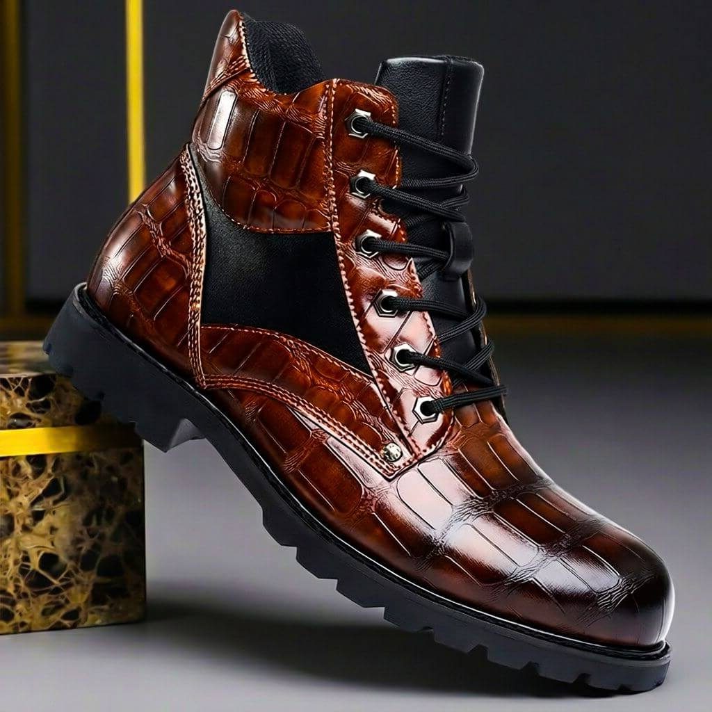 Embossed Leather Lace-Up Combat Boots for Men